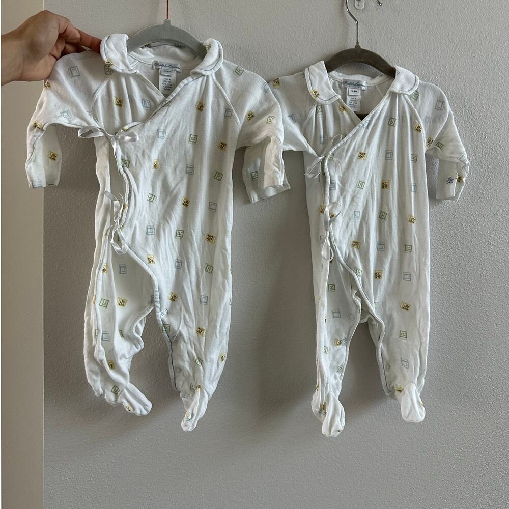 2 Vintage Ralph Lauren Baby Blocks print Kimono style footie Pajama 3-6 Months